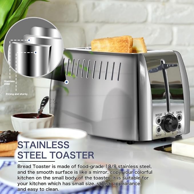 Toasters 2 Slice Wide Slot Stainless Steel Toaster for Bagels | 6 Browning Setting, Bagel/Reheat/Defrost/Cancel Function, Slim Toaster 2 Slice, Bread & Bagel Toaster