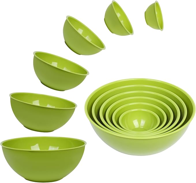 BoxedHome BPA Free Plastic Round Mixing Bowl with Lids, 12 Pack Nesting Bowls with Lids Set, Microwave and Dishwasher Safe Prep & Serving Bowls Great for Mixing, Baking, Serving (Light Green, 12pcs)