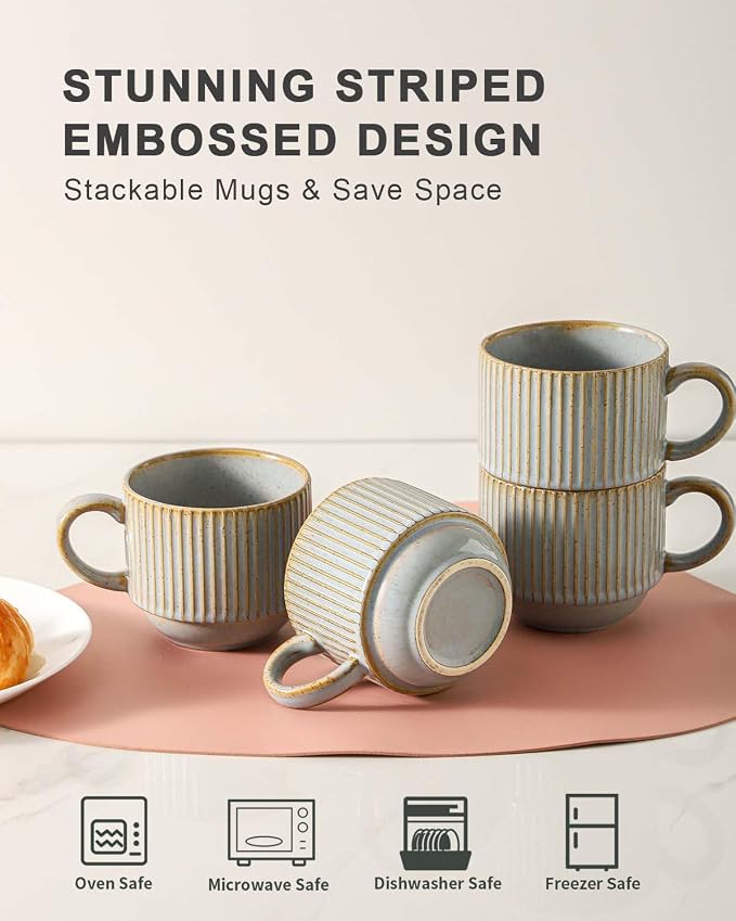 HASENSE Coffee Mug Ceramic Set of 4 with Stand - 15 oz Rustic Farmhouse Stackable Ribbed Latte Cup Set for Cappuccino, Tea, Hot Cocoa, Drinks - Dishwasher & Microwave Safe, Lavender Gray