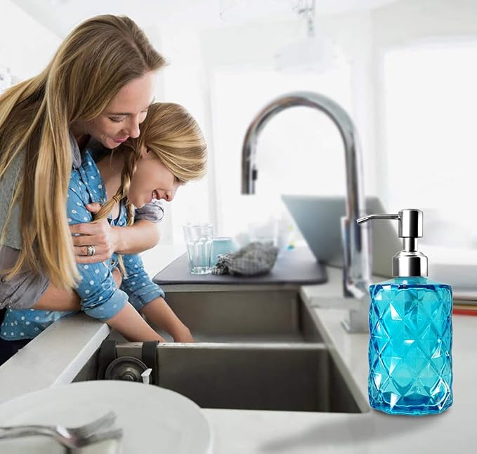 JASAI 12 Oz Diamond Design Soap Dispenser with Rust Proof Soap Pump | Kitchen Soap Dispenser for Bathroom, Hand Soap, Dish Soap (Clear Blue).