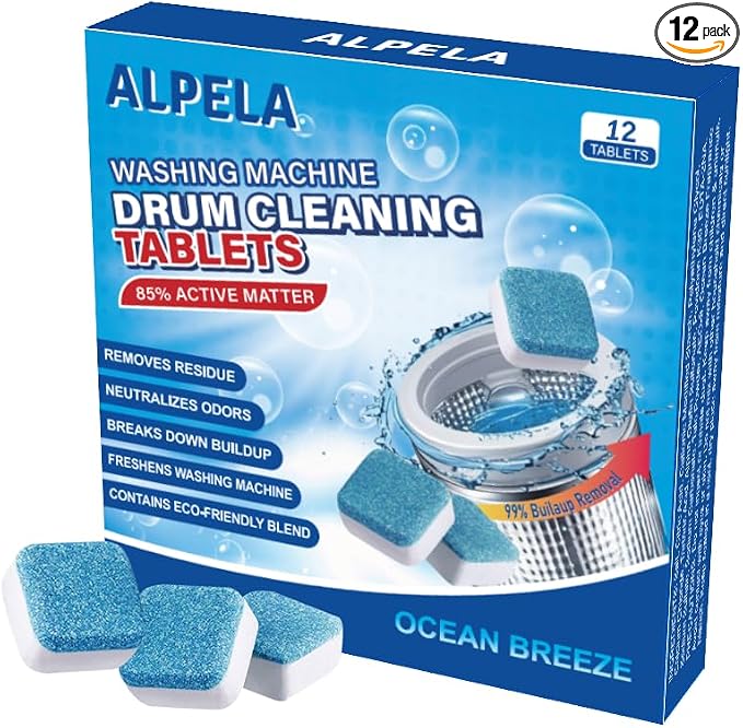Ocean Breeze Washer Cleaner Tablets 12 Count – Septic Safe Washing Machine Cleaner & Odor Eliminator – Deep Cleaning Descaler for HE Front & Top Load Washers – Laundry Tub & Drum Cleaner