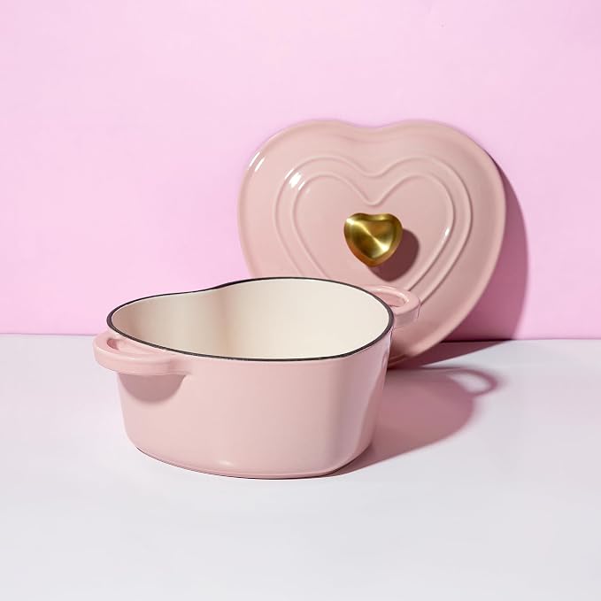 Paris Hilton Enameled Cast Iron Dutch Oven Pot with Lid, Heart-Shaped Dutch Oven, Durable Cast Iron Pot with Dual Handles, Oven Safe to 500°F, Works on All Stovetops, 2-Quart, Pink