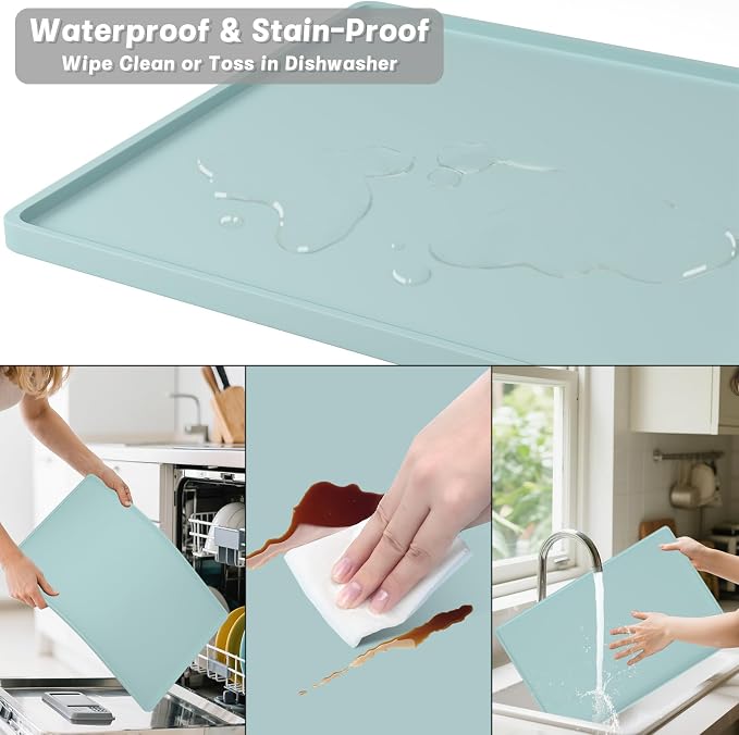 Rnivvi Silicone Coffee Mat, 16" x 24" Waterproof Raised Edge Coffee Bar Mats for Espresso Machine Station Accessories, Heat Resistant Detachable Dish Drying Pad for Kitchen Counter, Shadow Green