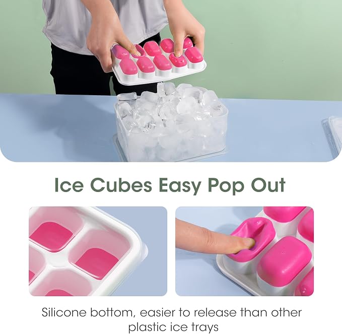 DOQAUS Ice Cube Tray with Lid and Bin,4 Pack Ice Cube Trays for Freezer | Silicone,Stackable.Easy Release Trays with Storage Bin & Scoop. Ideal for Freezer, Kitchen, RV, Cocktail, Coffee.