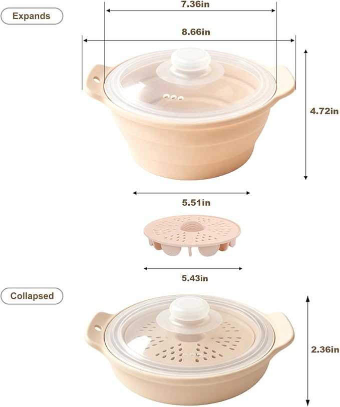 42oz Silicone Microwave Food Steamer with Steam Basket, Collapsible Steamer for Cooking Vegetable, Seafood, Dumplings, Rice Cooker, BPA Free Small Steam Pot with Handle & Lid, Dishwasher Safe (Pink)