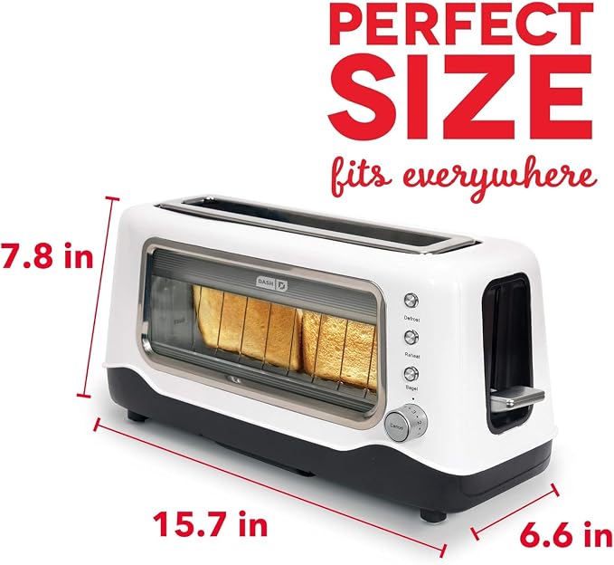 Dash Clear View Toaster | 10" Long Slot 2 Slice Toaster with See-Through Glass Window, 7 Browning Levels, Bagel, Defrost & Reheat Functions, Removable Glass Panel, Crumb Tray, White