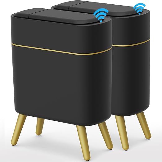 2 Pack - Automatic Bathroom Trash Can with Lid - Smart Trash Can Touchless | Bedroom, Office, Kitchen, Living Room - 2.5 Gal Motion Sensor Garbage Can - Black with Gold Legs