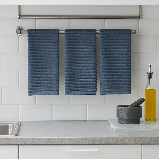Slate Blue Gray Kitchen Hand Dish Towels, Set of 3, 100% Cotton, 18" x 28" | Terry Loop Ribbed Textured, Soft & Absorbent Cleaning Cloth, Quick Dry, Multipurpose for Everyday Use