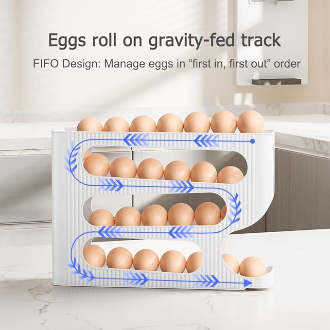 FIFO Egg Holder for Fridge, Egg Organizer for 28 Large Size Eggs | 1-Pack Auto Rolling Egg Dispenser for Refrigerator, Space-Saving Egg Roller/Container/Storage for Kitchen Countertop