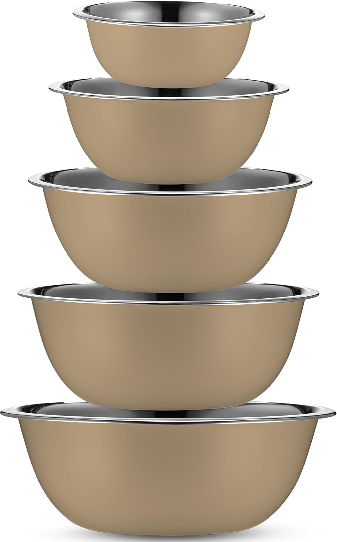 WHYSKO Stainless Steel Mixing Bowls Set, 5-Piece Meal Prep & Food Storage | .75, 1.5, 3, 4 & 5 Quart Metal Mixing Bowls Set for Prep, Serving, Baking & Food Storage, Ecofriendly, Dishwasher Safe, Khaki