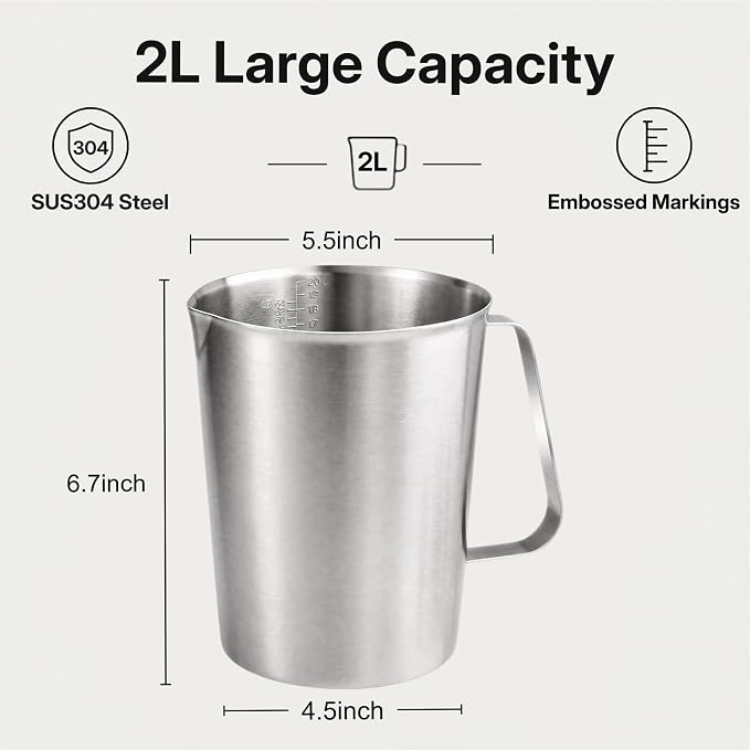 64Oz/8Cup Stainless Steel Pitcher (SUS304), 2 Liter Metal Container for Water, Milk, Liquid with Handle with Engraved Markings, Silver