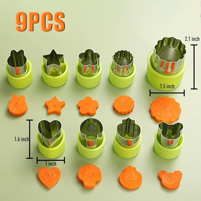 Fruit and Vegetable Cutter Stamp Set 9 Pieces - Love Heart, Star, Flower, Rabbit, Bear, Strawberry, Lace, Mushroom Shapes - Green Mini Pie Cookie Biscuit Mold for Baking | Heart, Star, Flower, Rabbit, Bear, Strawberry, Lace, Mushroom Shapes, Stainless ...
