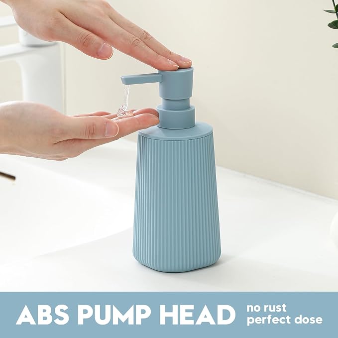 YAUKPH Small Soap Dispenser for Bathroom and Kitchen Light Blue | Modern Farmhouse Striped Style Plastic Hand Soap Dish Soap Dispenser with Pump