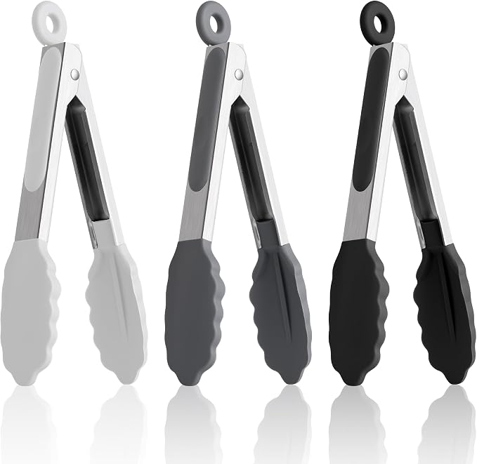 7-Inch Kitchen Tongs Set of 3, Cooking Tongs with Silicone Tips | For Cooking/Serving/Grilling | Heat-Resistant | Food-Grade Material | Dishwasher Safe | Black/White/Gray