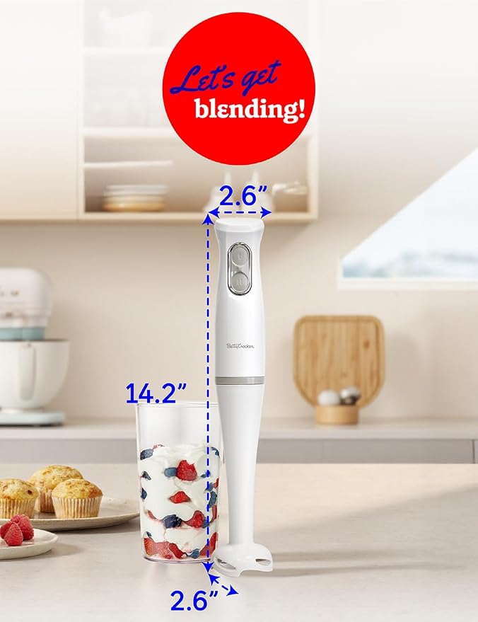 Betty Crocker 2-Speed Hand Blender, 20-Oz. Beaker, BC-4307W, White | Immersion Blender, 300W Motor 450W Peak Power, Soft-Touch Pulse Control, Stainless Steel Blade, BPA Free