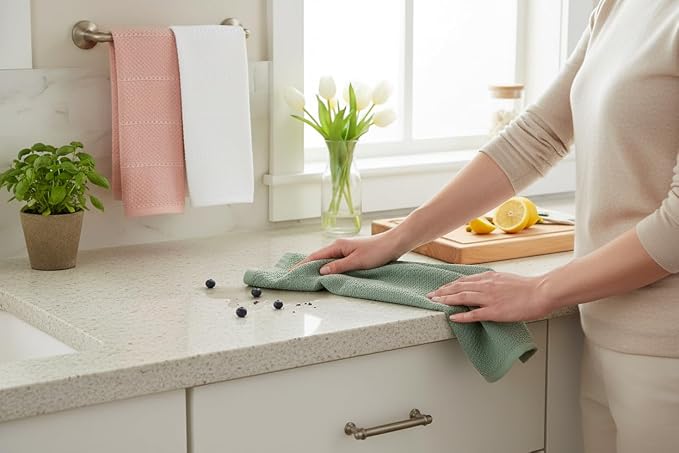 Sage Pink White Kitchen Hand Dish Towels, Set of 3, 100% Cotton, 18" x 28" | Terry Loop Textured, Soft & Absorbent Cleaning Cloth, Quick Dry, Multipurpose for Everyday Use