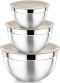 P&P CHEF Stainless Steel Mixing Bowls with Lids, Set of 3, Khaki | Nesting Salad Bowl, Sturdy& Rust Proof, Airtight & Stackable, Suit for Mixing, Storing, Prepping, 3 Size - 4.6/3 /1.5 QT