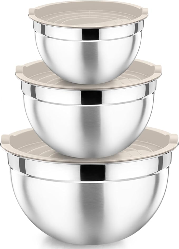 P&P CHEF Stainless Steel Mixing Bowls with Lids, Set of 3, Khaki | Nesting Salad Bowl, Sturdy& Rust Proof, Airtight & Stackable, Suit for Mixing, Storing, Prepping, 3 Size - 4.6/3 /1.5 QT