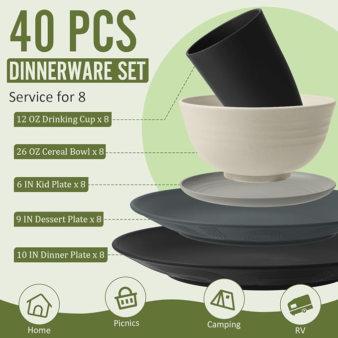 Wheat Straw Dinnerware Sets 40 PCS - Unbreakable Plates and Bowls Sets for 8,Party Kitchen Camping RV Dishwasher & Microwave Safe Modern Lightweight Dishware Sets - Black Grey