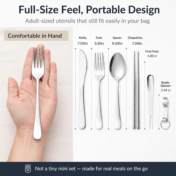 6 Pcs Portable Utensils Set Case Stainless Steel Travel Cutlery Flatware | Portable Cutlery Set, Fork Knife Spoon Chopsticks Silverware for Lunch Box Travel Camping Picnic, Dishwasher Safe Easy Clean