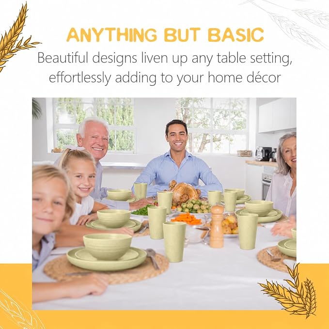 Teivio 32-Piece Plates and Bowls Sets for 8, Light Beige Dinnerware Sets | 13.5oz Cups, Plastic Wheat Straw Unbreakable Dish Set, Dishwasher Safe, for Outdoor Camping RV Apartment Essentials Plate Set
