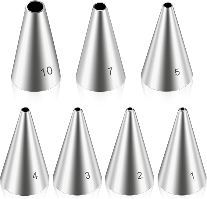 Dimeho 7 Pcs Round Hole Piping Tips Set Stainless Steel Cupcake Frosting Nozzles Cake Decorating Tool Russian Pastry Icing Dispensers Supplies for Baking Cookies Puff Doughnut Cream Bag Filler