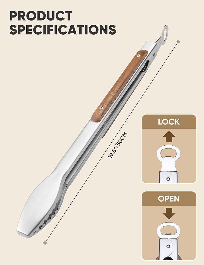 19.5"/50cm Extra Long Wood-Handled Grill Tongs | Heavy Duty Stainless Steel Metal Tongs for BBQ, Grilling, Barbecue, Charcoal, Cooking