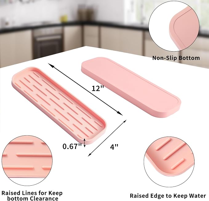 MicoYang Silicone Kitchen Sink Organizer Tray for Multiple Usage,Easy Clean,Eco-Friendly Sponges Holder for Kitchen Bathroom Counter or Sink,Dish Soap Dispenser,Scrubber,Bottle,Cup Pink 12" x 4”