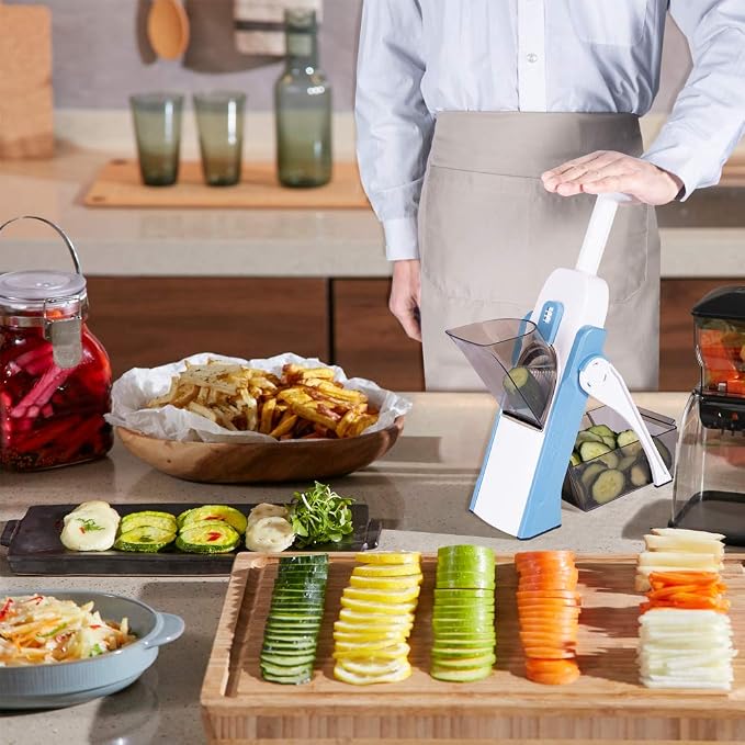 ONCE FOR ALL Safe Mandoline Slicer, All in 1 Vegetables Slicer, Light Blue | Adjustable Thickness, Potato Slicer Veggie Chopper, Strips Julienne Dicer, French Fry Cutter, Dishwasher Safe, Kitchen Gift
