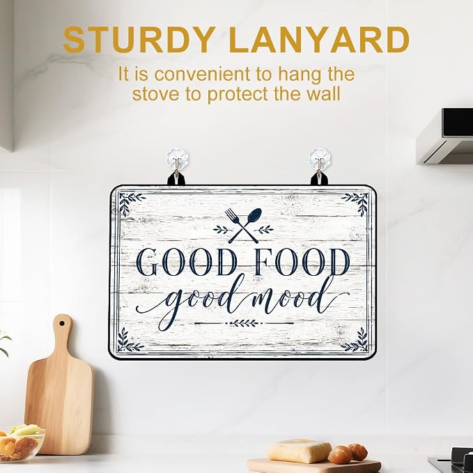 Good Food Good Mood Farmhouse Stove Top Cover Electric Gas Stove | Modern farmhouse kitchen decor; non-slip stovetop cover, glass cooktop noodle board, rustic country counter mat with quote