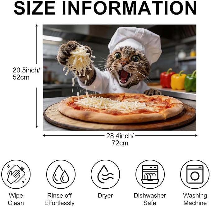 Funny Cat Pizza Stove Top Cover for Electric Stove, 28x20 In Mat | Heat-resistant non-slip mat holds hot cookware; glass cooktop protector, dish drying; kitten cheese cat lover kitchen decor