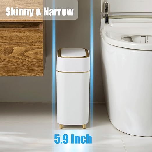 Yatmung Motion Sensor Trash Can Bathroom Automatic Lid - Sensor Garbage Can | Bathroom, Bedroom, Kitchen, Laundry room, Small Spaces - Compact Smart Trash Bin - White with Gold Edge, 1Pack