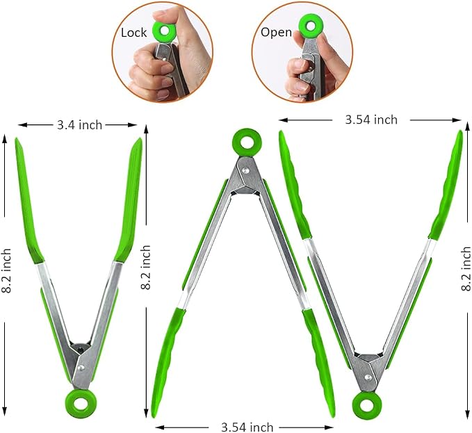 7 Inch Small Serving Tongs with Silicone Tips 3 Pack(Green) | Stainless Steel Handle, Non-Scratch, Heat Resistant