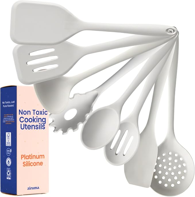 NonToxic Platinum Silicone Utensils, 100% Plastic-Free, 8-Pcs, Gray | LFGB-certified platinum silicone. Solid steel core, no hidden plastics. 500°F heat resistant. Non-scratch. Dishwasher safe