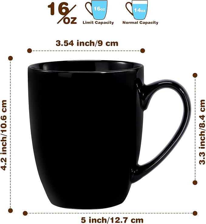 Urbanstrive 16 oz Large Coffee Mugs Set of 4 Ceramic Coffee Mug White Coffee Cups Tea Cups Idea Gift for Women Men House Warming Gifts New Home Office, Black 4 Pack