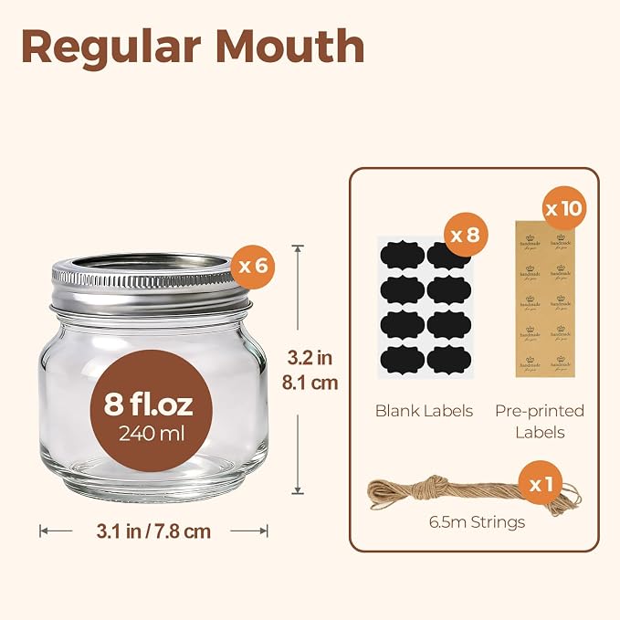 ComSaf 8 oz Square Mason Jars, 6 Pack Small Regular Mouth Jars with Lids | BPA-Free Materials, Half-Pint Portions, Small Jam, Jelly, Honey Sample, Spice Rack, DIY Candles, For Big Canning Project
