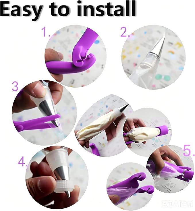 WAFJAMF Cake Decorating Pen Kit Pastry Icing Piping Bag Set Purple | Handheld control stainless steel tips for cupcakes, cookies, fondant; easy DIY baking tools for beginners