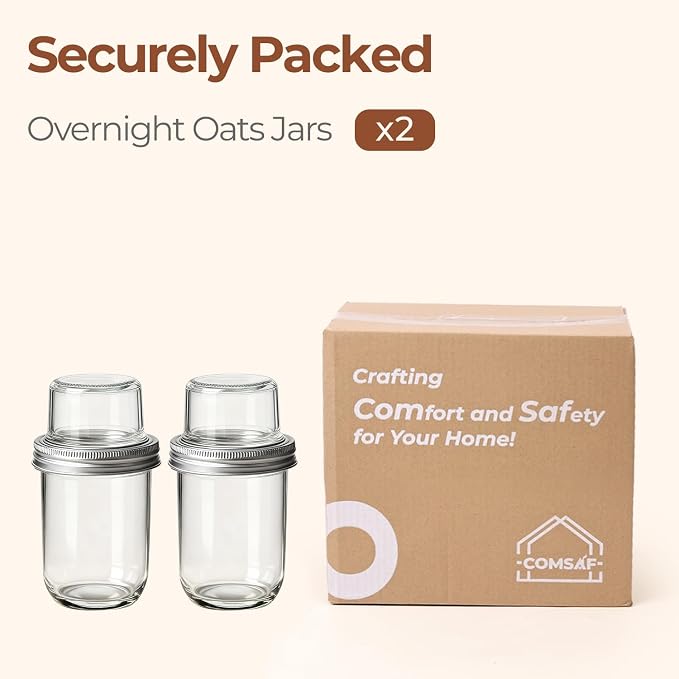 ComSaf Overnight Oats Containers with Lids, 16 oz Glass Mason Jars, 2 Pack | Dual-Layer Design, Yogurt Parfaits, Chia Pudding, Cereal, Fruit and Nuts, Reusable Breakfast Prep
