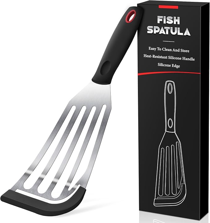 Silicone Fish Spatula, Heat Resistant Silicone Edge for Nonstick Cookware, Fish Turner for Kitchen Use, Flexible and Thin Stainless Steel Slotted Spatula,12.2 * 3.42 Inch, Black