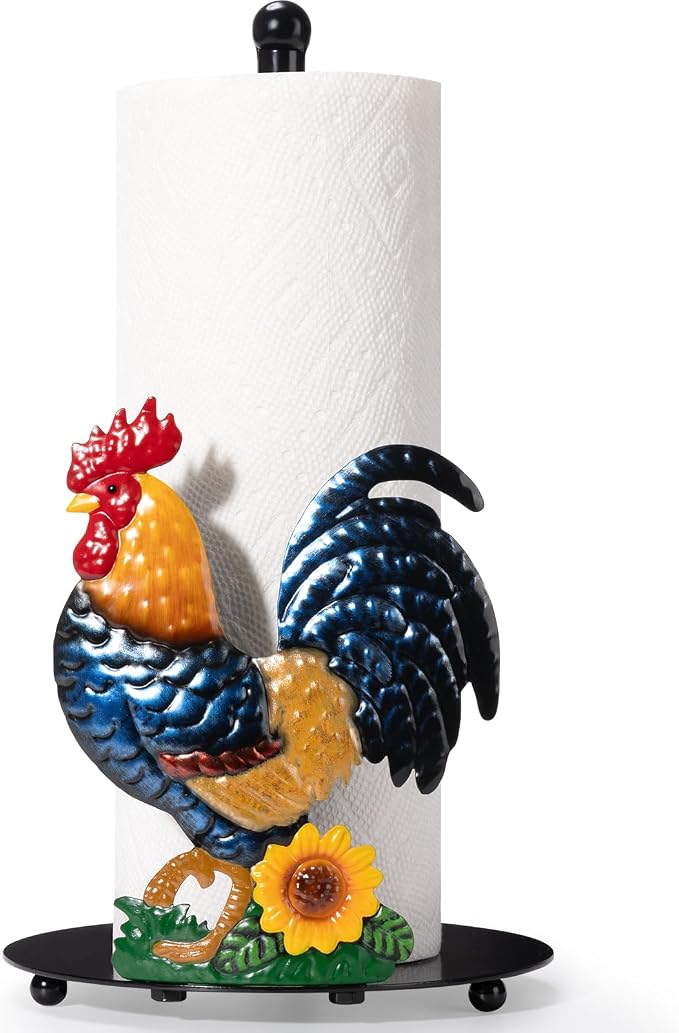 Rooster Paper Towel Holder Countertop for Kitchen, Farmhouse Chicken Decor | Sunflower & Chicken Farmhouse Kitchen Decor and Accessories, Rustic Housewarming Gifts, Roll Dispenser with Weighted Base