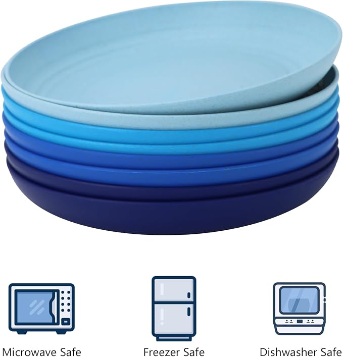 Salad Plates 10 Inch Unbreakable Wheat Straw Plates Dinner Plates Set of 8 Microwave Safe Plates for Kitchen Dishwasher Safe Plastic Plates Alternative for Picnic,Camping,RV (Blue Series)