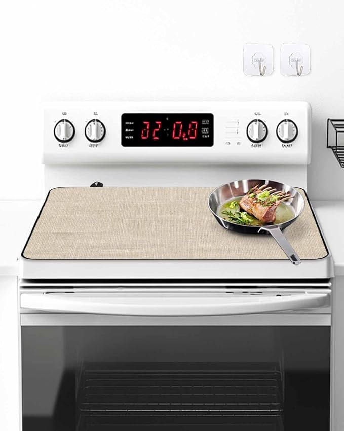 Stove Top Covers for Electric Stove 31x24 Inches, Vintage Cream HeatResistant Glass Cooktop Protector, Farmhouse Retro Solid Color Linen Texture Ceramic Stovetop Countertop Covers Mat, Oven Cover