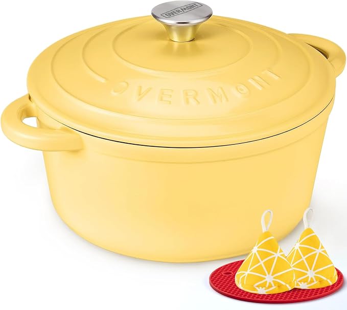 Overmont Enameled Cast Iron Dutch Oven - 5.5QT Pot with Lid Cookbook & Cotton Potholders - Heavy-Duty Cookware for Braising, Stews, Roasting, Sourdough Baking Goose Yellow