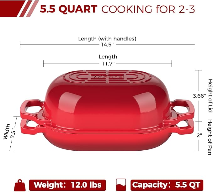 Wildone Enameled Cast Iron Dutch Oven Pot with Lid, Oval Bread Oven | Loaf Cast Iron Bread Pan for Homemade Bread Baking, Meatloaf Pan with Lid, 5.5QT, Red