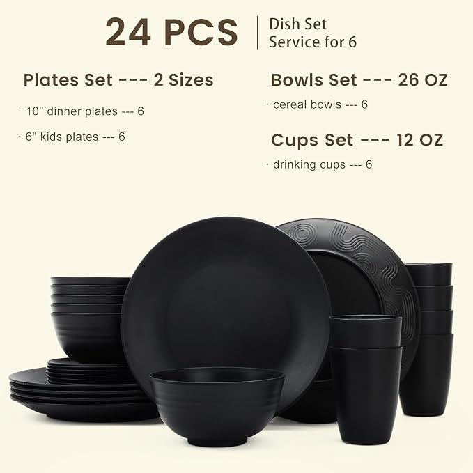 24-Piece Wheat Straw Dinnerware Sets,Service for 6 - Cups, Plates and Bowls Sets,Reusable Dishwasher and Microwave Safe Melamine Dinnerware Set for Home,Camping,RVs - Black