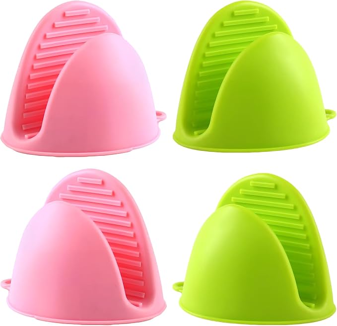 2 Pairs (Green& Pink),Mini Silicone Oven Gloves, Mini Finger Protector Pot Holder for Kitchen,Cooking,Baking,BBQHeat Resistant Gloves，can be Washed in the Dishwasher