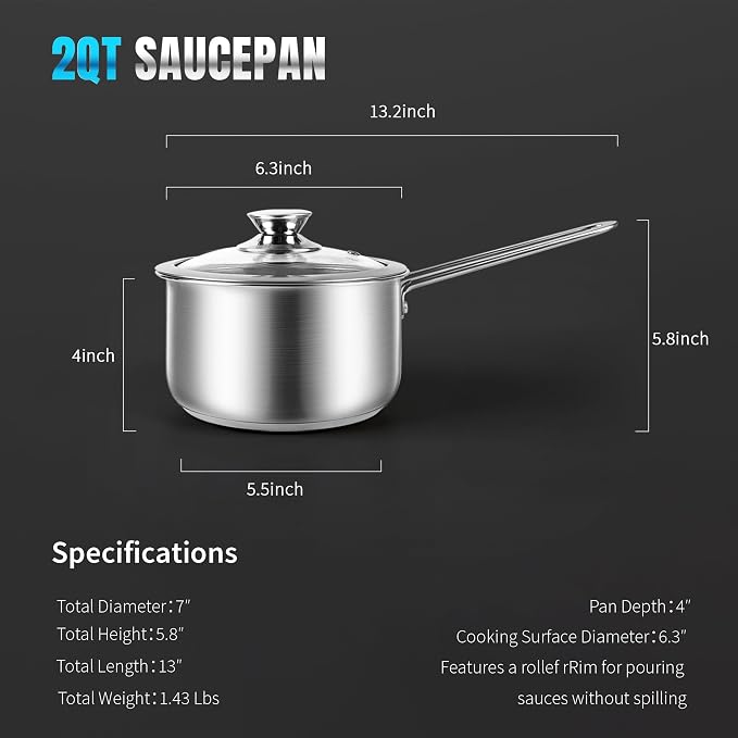 AuFranc® 2 Quart Tri-ply Stainless Steel Saucepan with Glass Lid, Induction Sauce Pan Compatible with All Cooktops, Non-Toxic Sauce Pot with Stay Cool Handle, Oven & Dishwasher Safe (Silver)