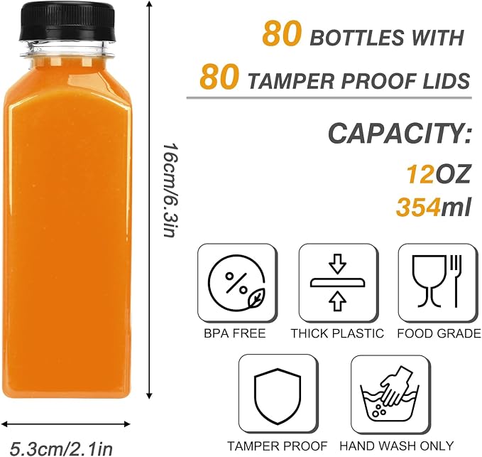 80pcs 12oz Plastic Juice Bottles with Caps, Sticker Labels, Brush | Reusable Empty Juice Bottles with Lids and Labels, Funnel, Brush Beverage Containers for Juicing, Smoothies, Tea, Milk
