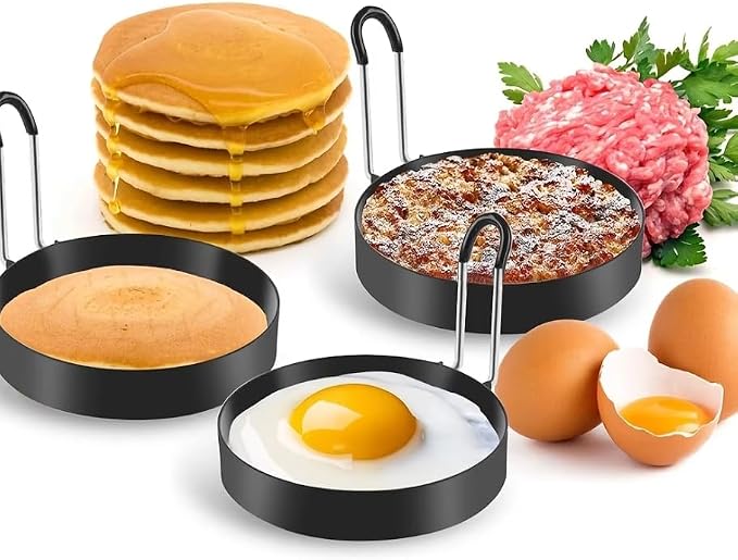 3.5" Egg Rings Set of 4 with Silicone Handle, Large Ring for Frying Eggs, Round Mold for English Muffins - Griddle Cooking Shaper for Indoor Camping Breakfast Sandwiches w/Silicone Oil Brush