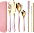 AARAINBOW 7 Pieces Stainless Steel Flatware Set Portable Reusable Cutlery Set Travel Utensils Set Including Chopsticks Knife Fork Spoon Straws Cleaning Brush Dishwasher Safe (7 Pink Golden)